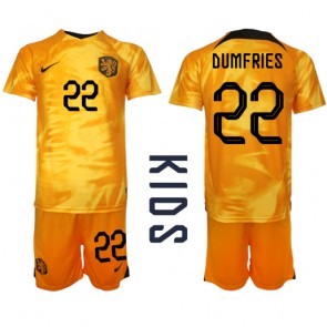 Holandsko Denzel Dumfries #22 Dětské Domácí dres komplet MS 2022 Krátký Rukáv (+ trenýrky)